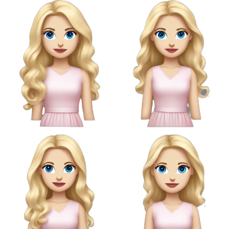 white girl, long long blonde hair, pink book in hand, white dress, blue eyes, pink lips emoji