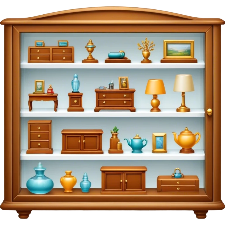 Icon for Miniature Collecting: a collection of finely detailed miniature items such as tiny figurines, furniture, and accessories, neatly displayed on a shelf or in a display case. The icon should convey the intricacy and charm of collecting miniature objects. Transparent background. emoji