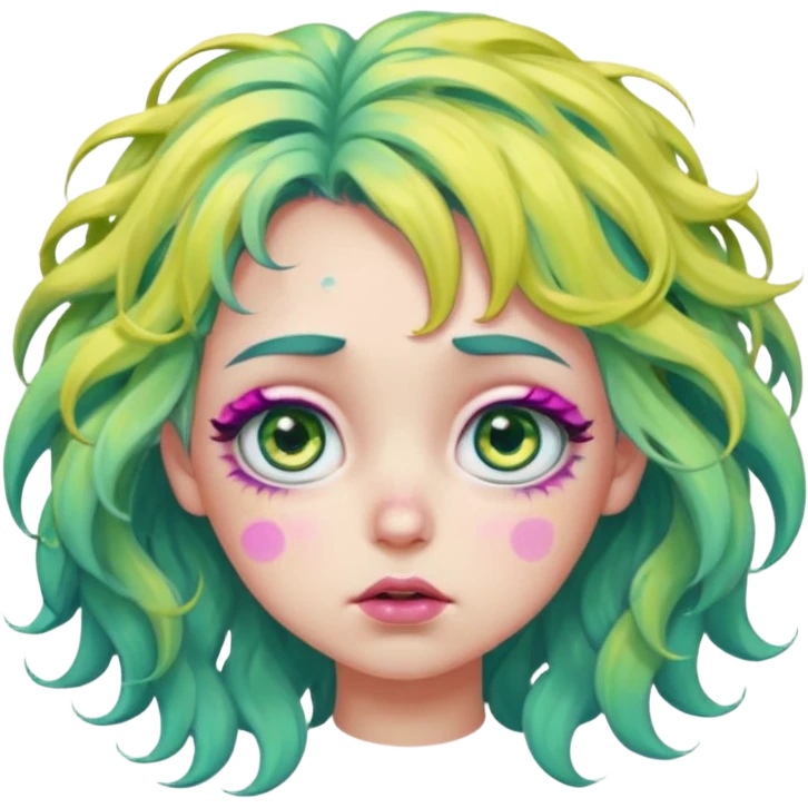 messy, wavy chartreuse hair, with pink specks, bushy eyelashes, and big round eyes, with irises that are teal on the outside and yellow on the inside while making a pouty face more light on the hair pls emoji