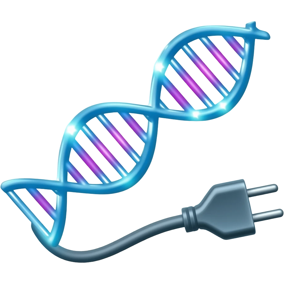 Fantasy tech illustration of a glowing DNA double helix that transitions into an electrical cable with a plug at the end, blue and magenta strands, small sparks, painterly shading, warm tones, transparent background, square, no text. emoji