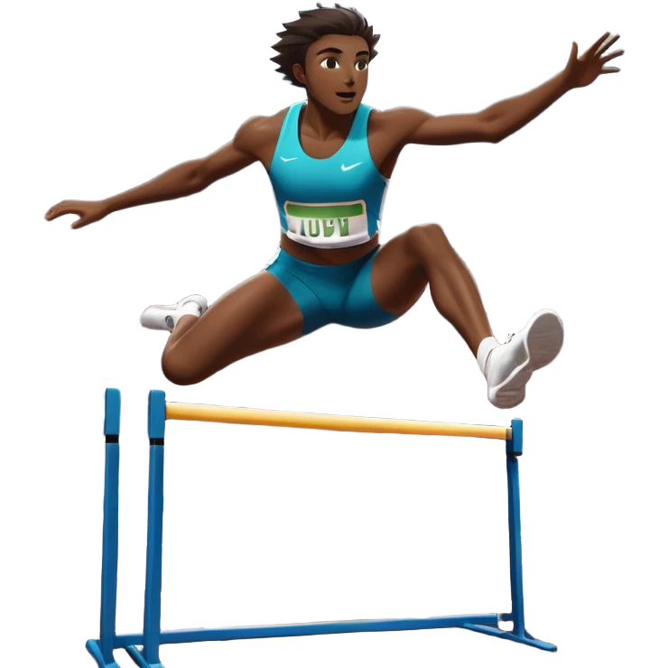 An icon of an athlete soaring over a hurdle, mid-jump, with a powerful form. The background features a vibrant stadium, with the track and hurdles in sharp focus, and a cheering crowd along the stands. The motion of the jump emphasizes speed and agility. Transparent background. emoji