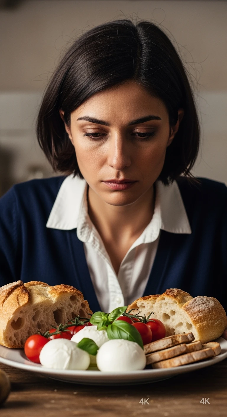 donna con espressione triste davanti ad un piatto di cibo con mozzarella e pane, iperrealistico 4k emoji