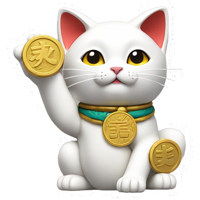 Japanese white maneki neko cat with its right arm raised and its left arm holding a golden koban coin emoji