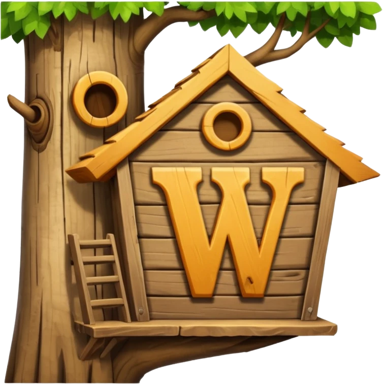 letter W on the side wall of a treehouse in a tree, only the top no trunk emoji