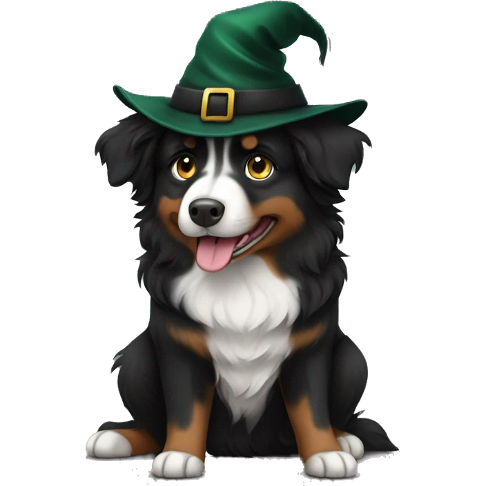 Small black australian shepherd dog dark green witch hat emoji