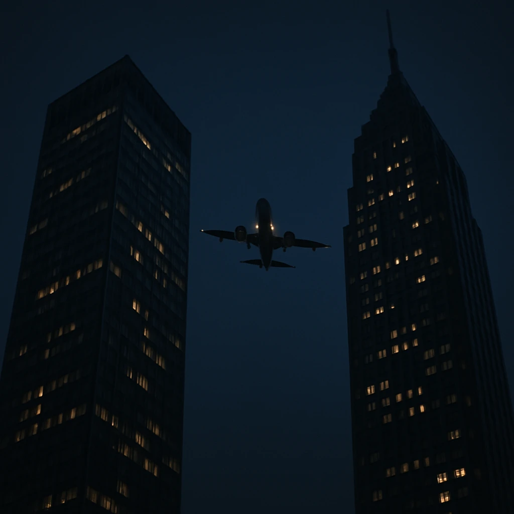 two skyscrapers and a plane that flyes to them, realism style, nighttime emoji