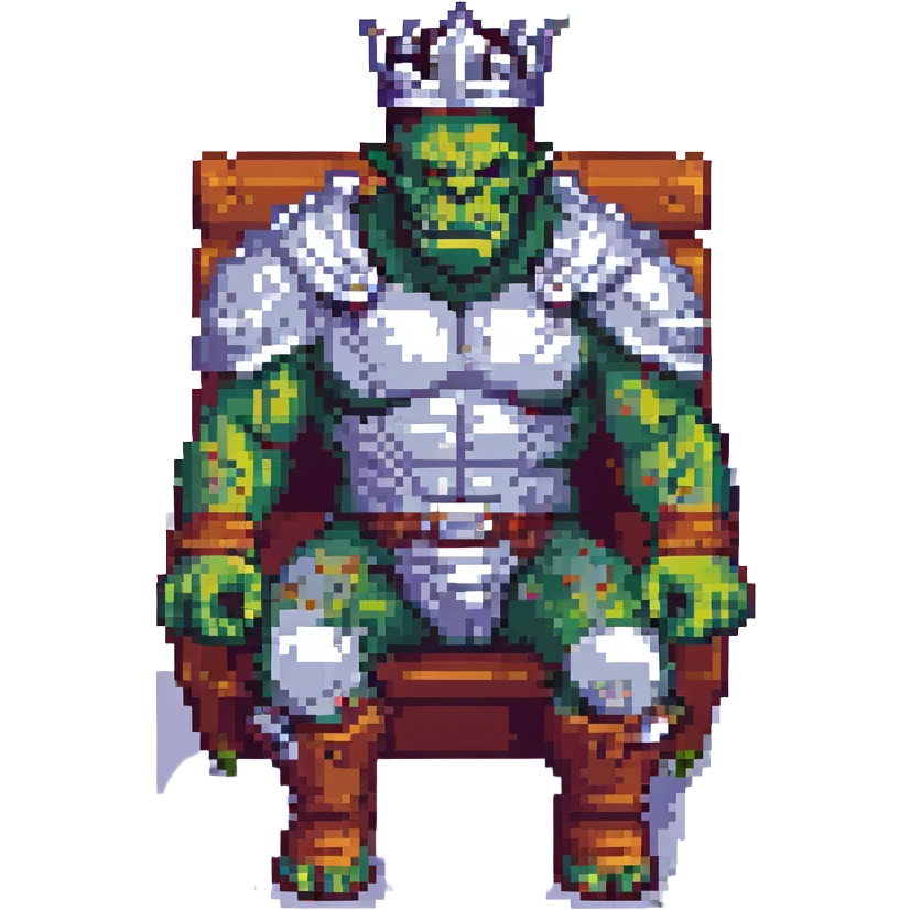 pixel art crowned orc, sitting on a throne, silver crown, muscular build, 16-bit style emoji
