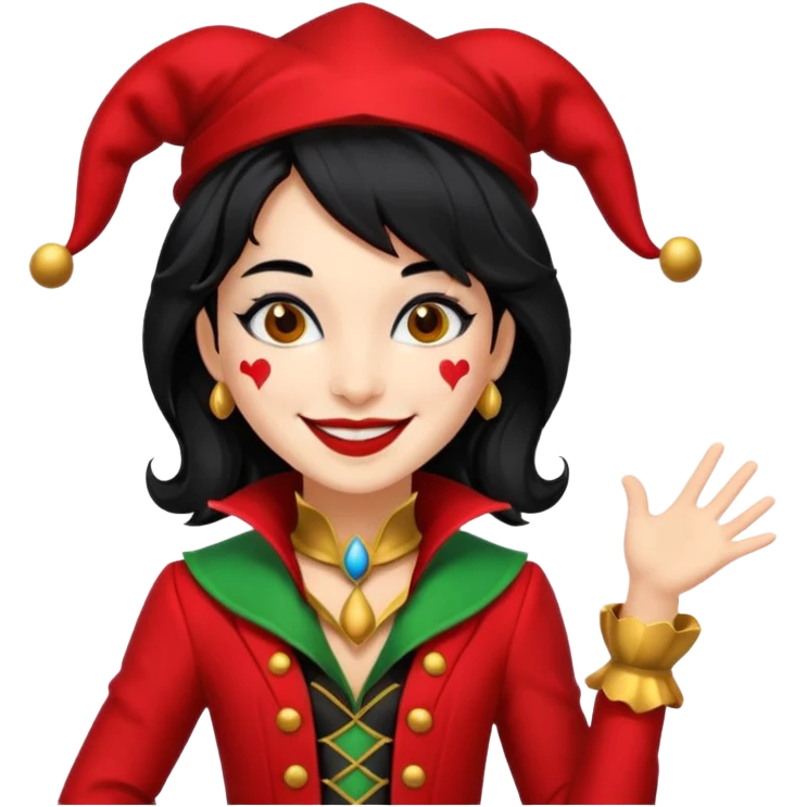 Jester girl, black and red suit, black hair, harley quinn emoji