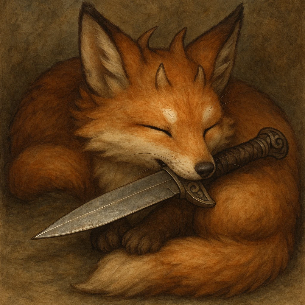 a sleeping fox kitsune with a knife in his mouth, detailed, cute, fantasy style emoji