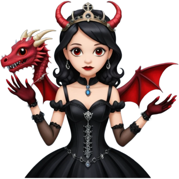 Lavish black evening gown with see-through gloves, Jenna Ortega as Addams woman wearing a steampunk mini tiara, very large blood red evil-looking horned old dragon emoji