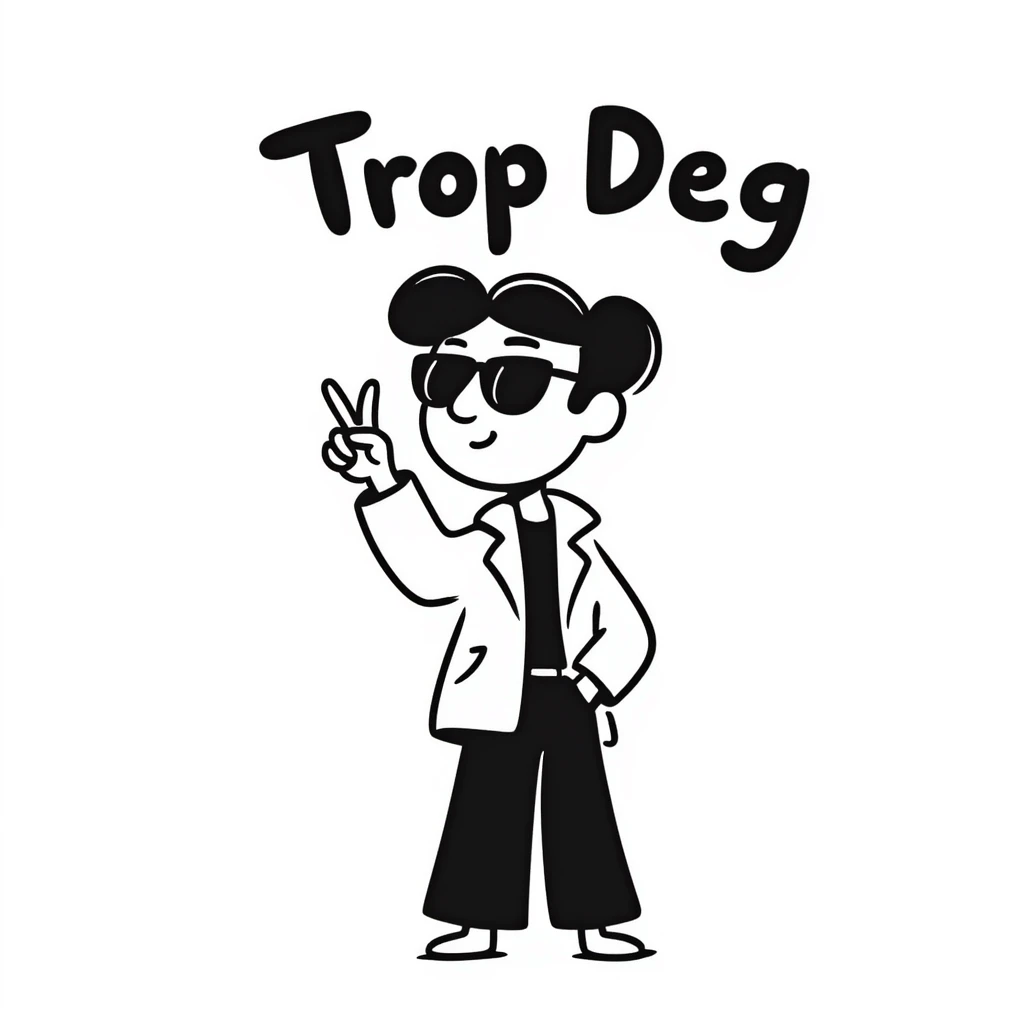 Sketchy character with sunglasses looking extremely cool with 'Trop Deg' text emoji