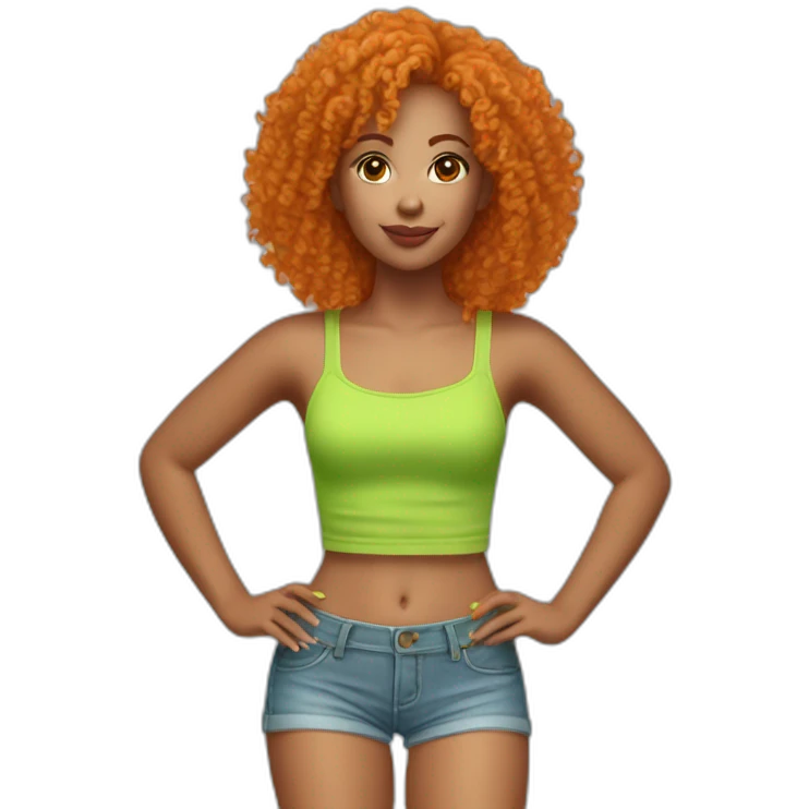 Woman with very short orange curly hair wearing a lime green tube top and very short jean shorts emoji