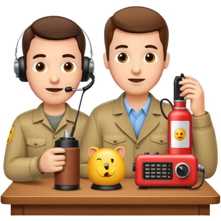 a ham radio operator man talking on the radio, with a mate and a thermos on the table, emoji style emoji