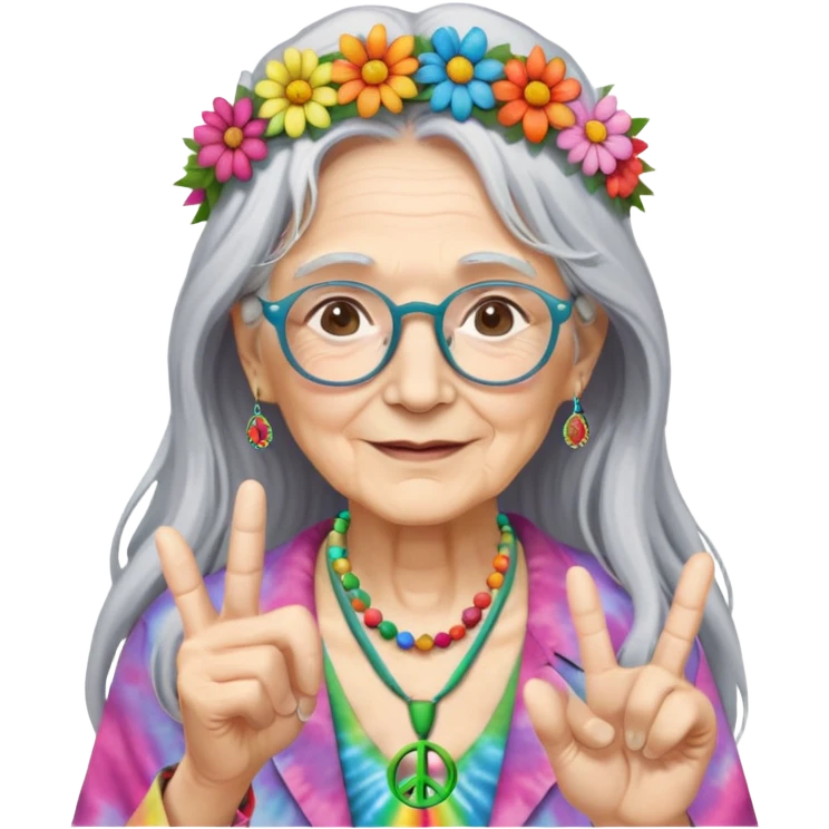 elderly woman with long grey hair, glasses, peace sign necklace, tie-dye clothing, flower crown emoji