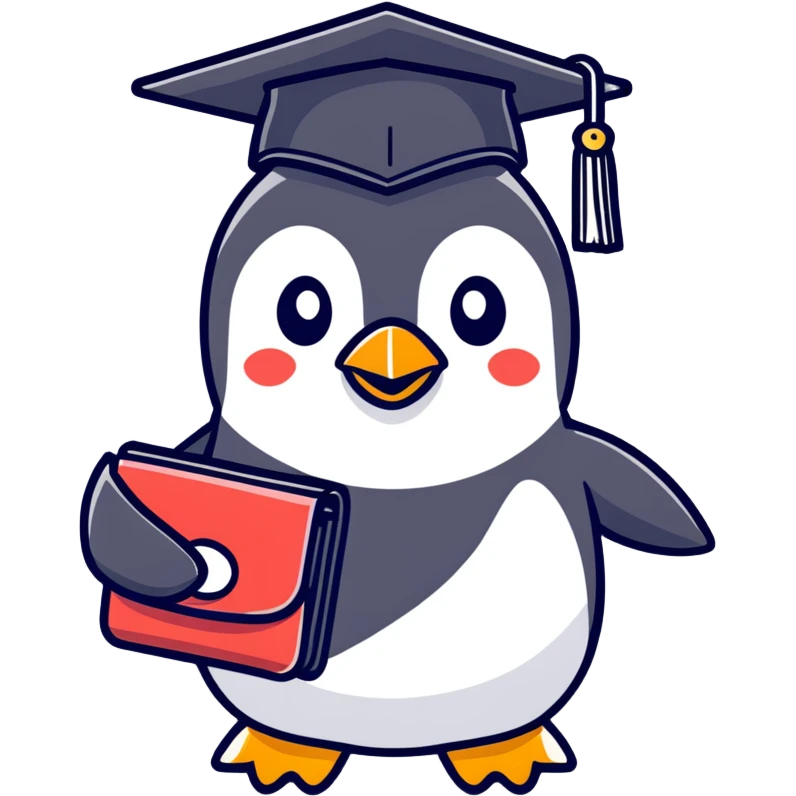 A cute penguin with beautiful eyes, very happy, wearing a graduation cap with the letter 'Ю' on it, holding a wallet. emoji