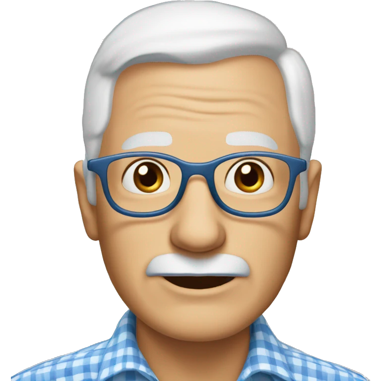 80-year-old grandfather with white skin color, blue eyes and glasses to see, wearing a white and blue checkered shirt. With white hair on the sides of his head. No hair in the middle of the head. emoji