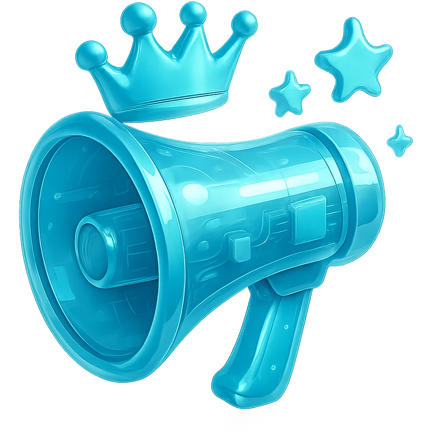 Icon of a stylized megaphone with a crown and stars, flat design, cyan blue emoji