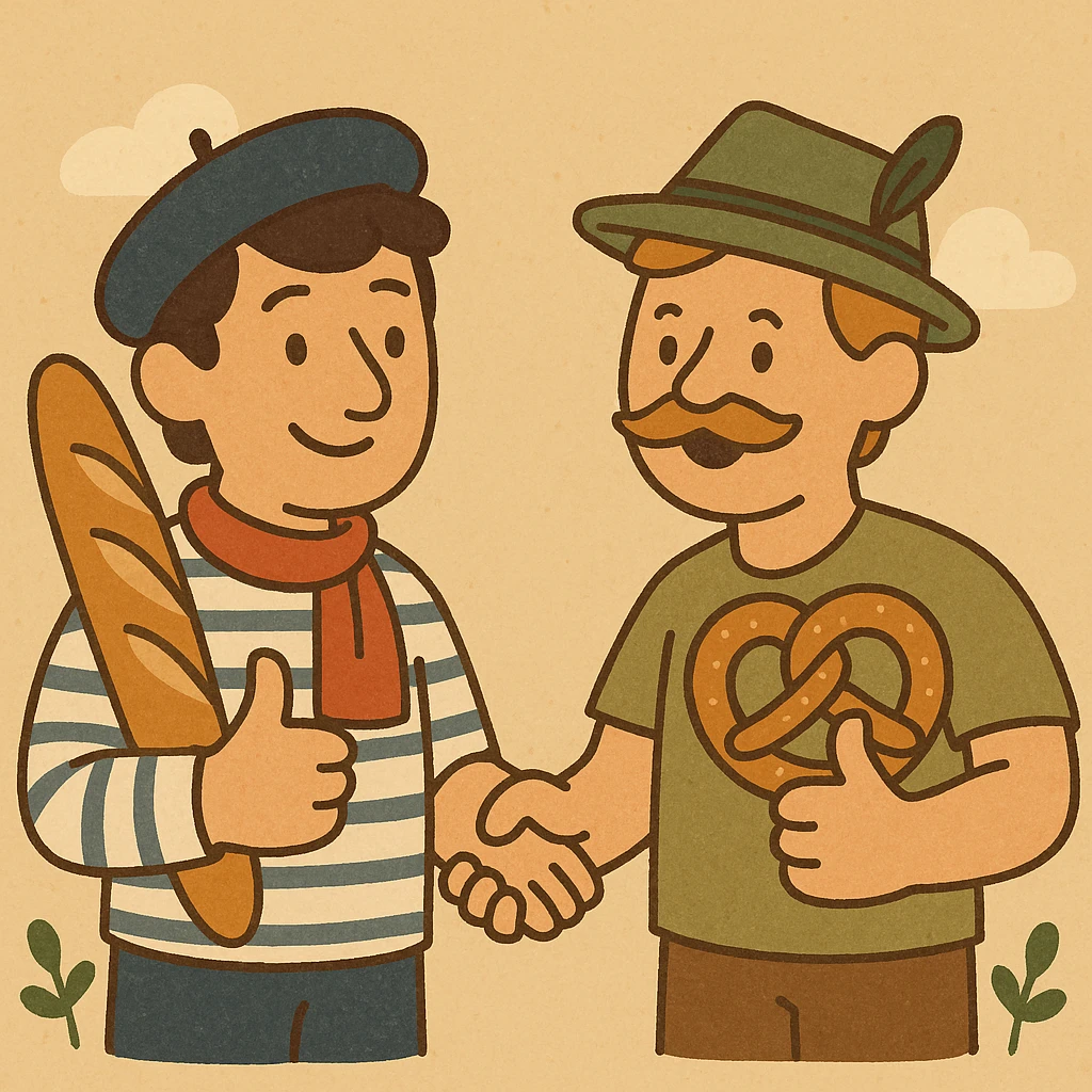 A French man and a German man shaking hands and giving thumbs up, cartoon style, French holding a baguette, German holding a pretzel, cheerful expressions. emoji