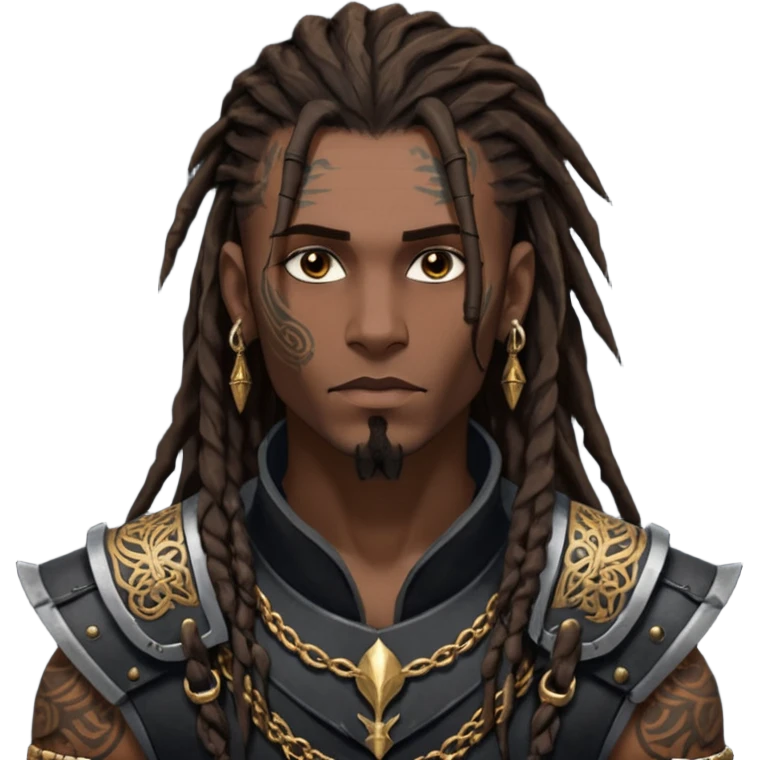 A dark-skinned figure with hollow cheekbones, a sharp jawline, and intense dark brown eyes. His hair is a mess of 7-inch-long dreadlocks, with a fresh hairline and low taper. His body is covered in intricate tattoos, and he wears an armor vest. Gold earrings adorn his ears, and his  emoji