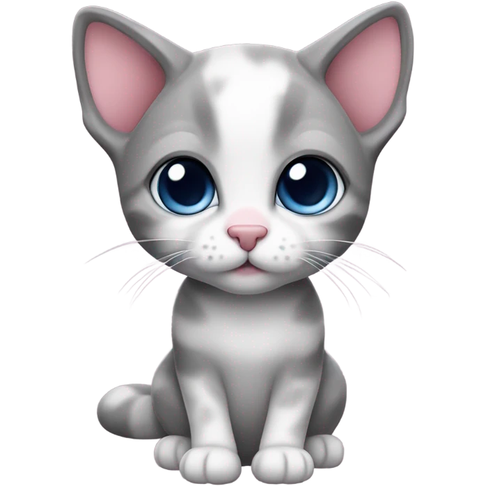 Cute, dusty rose, dark grey and white kitten. Full view of cat. Deep blue eyes and pink nose emoji
