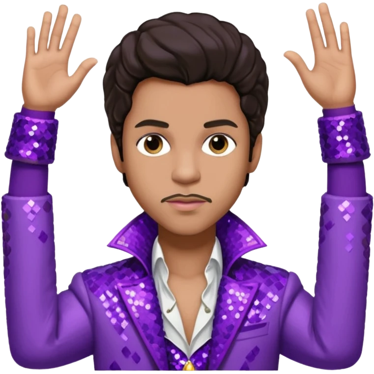 Prince Rogers Nelson with dark brown hair, purple sequin jacket, white shirt emoji