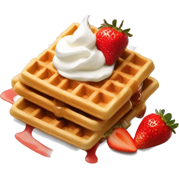 square waffle with dollop of whipped cream and strawberries on top emoji