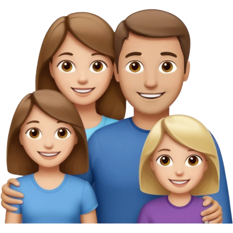 happy white family with one brown hair dad, one brown hair mom, one blonde girl, and one brown hair girl emoji