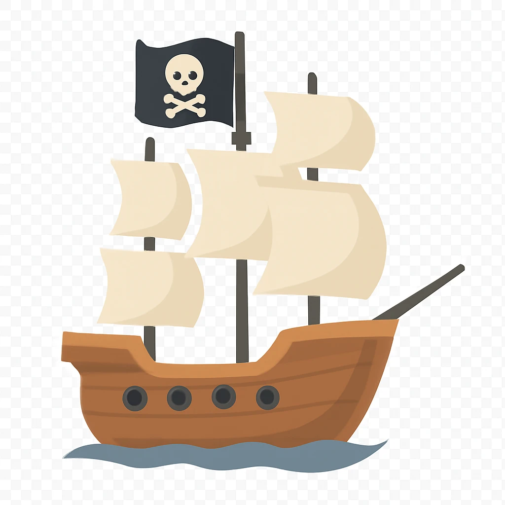 pirate ship with black jolly roger flag, nautical vessel with tall masts and cannons emoji