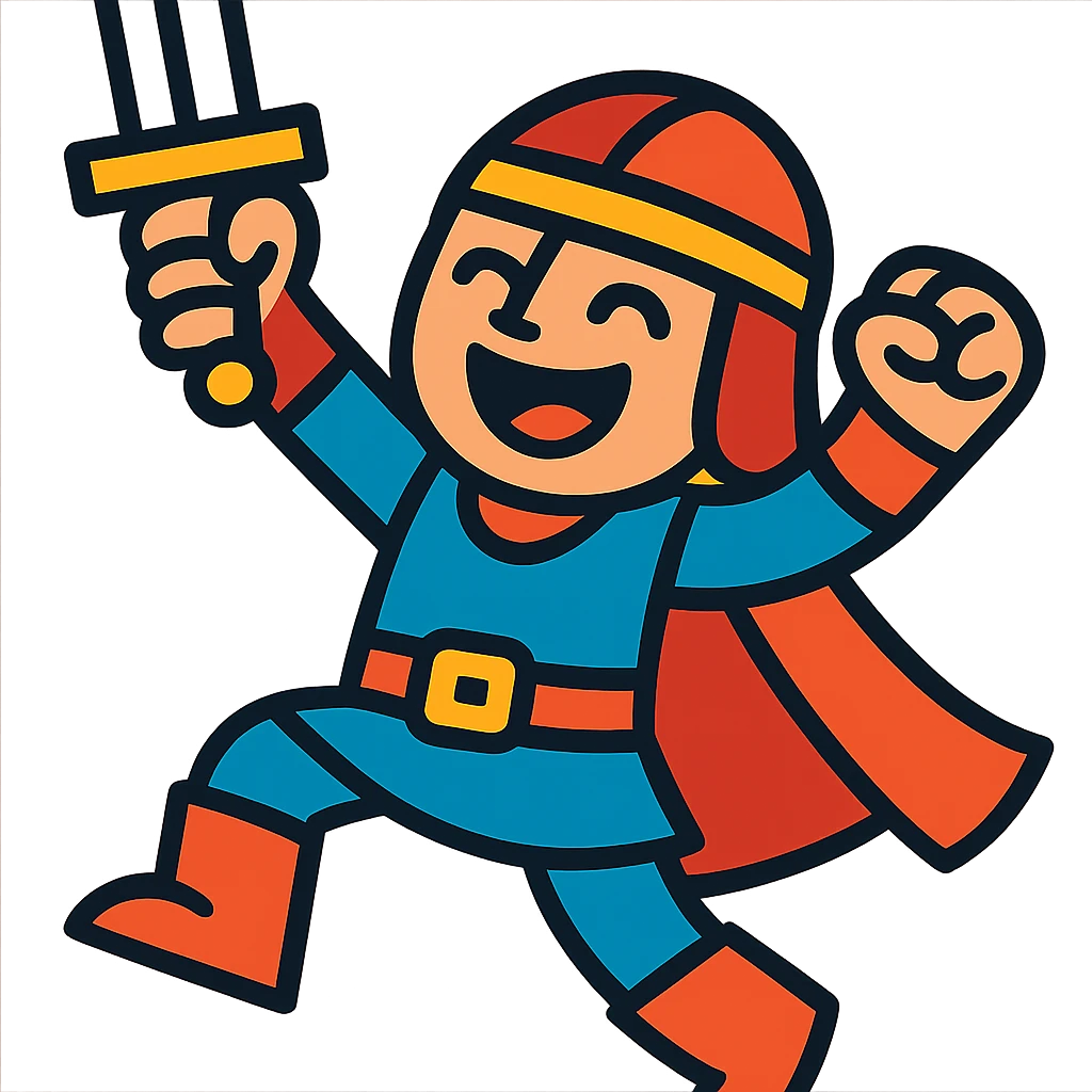 a joyful warrior with a sword raised in triumph, smiling, energetic pose emoji