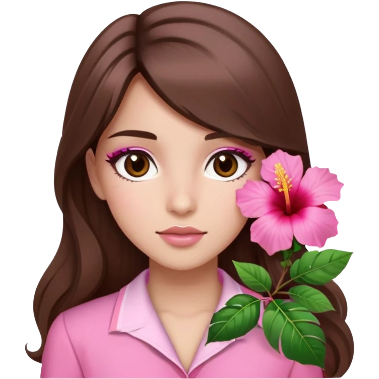 Girl with brown eyes, long brown hair with side bangs, pink clothes, light pink makeup, and pink hibiscus accessory emoji