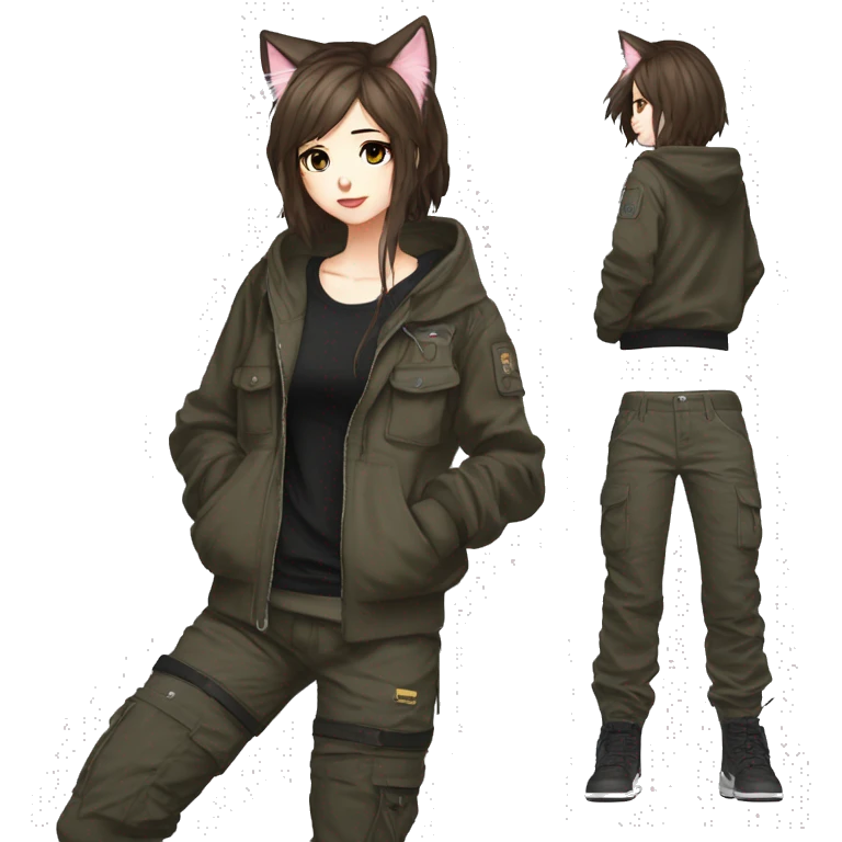 Edgy cool shy beautiful pretty anime punk tomboy with cat ears techwear cargo pants hoodie brown hair emoji