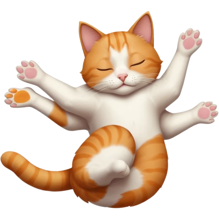 ginger and white small cat eyes closed lying down upside down with paws stretched out in different directions emoji
