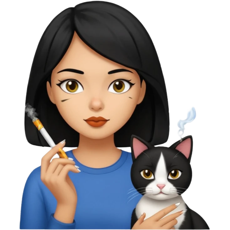 Girl with black hair and tan skin smoking with her cat emoji