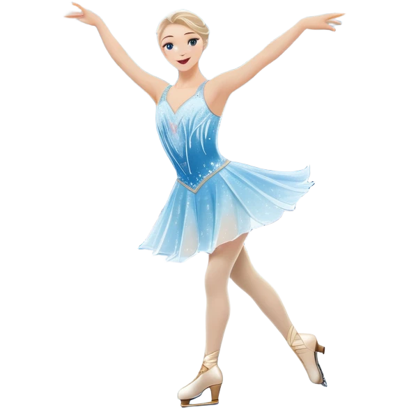 An icon showing a graceful figure skater performing a spin on the ice in a grand ice palace. The rink is illuminated by soft light beams, with cheering spectators in the stands. Snowflakes gently fall, adding to the magical atmosphere. Transparent background highlights elegance and artistry. emoji