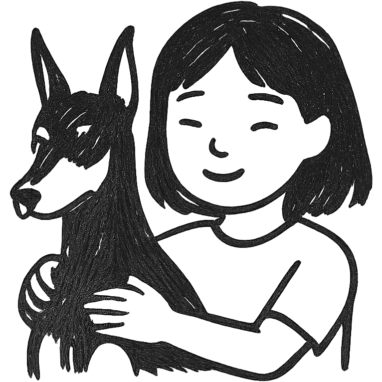 A medium black hair Asian girl holding a Doberman emoji