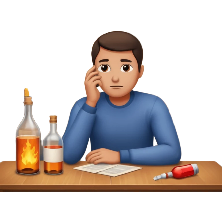 apple style emoji of a man sitting sadly at a table with a bottle on the table, a house burning behind him emoji