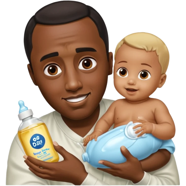 Sean “Diddy” Combs with baby oil and a very small infant and he’s pouring the baby oil on the baby and they have a scared face they’re really scared while diddy is happy emoji