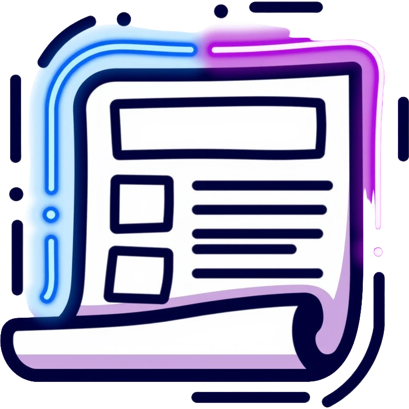 newspaper with headlines and neon glow effect, blue neon glow on top left, purple neon glow on bottom right emoji