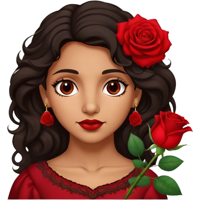 A Romani woman with dark wavy hair, a single red rose tucked behind one ear emoji