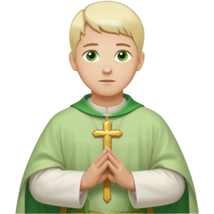 a priest, green eyes, blonde hair, light green chasuble (A wide, flowing, bell-shaped outer robe, without any religious symbols). opening arms, gazing thoughtfully. Soft light, subtle fern. Waist-up, profile. emoji