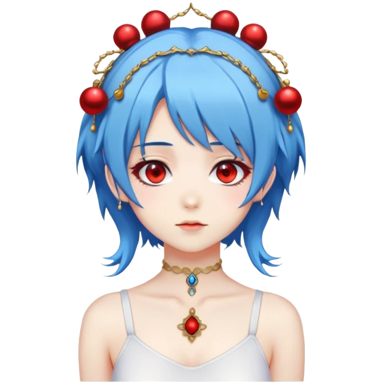 blue haired anime girl with red eyes, two dangly thangs on her head and a white bodysuit emoji