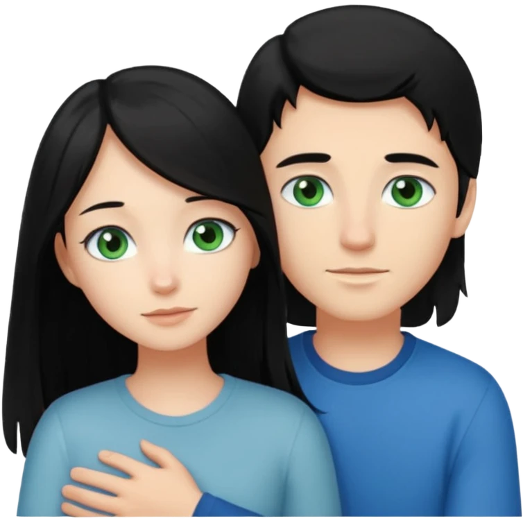 Make a couple hugging the girl is white with long black hair with blue eyes. The girl is hugging a boy with light brown short hair with green eyes. emoji