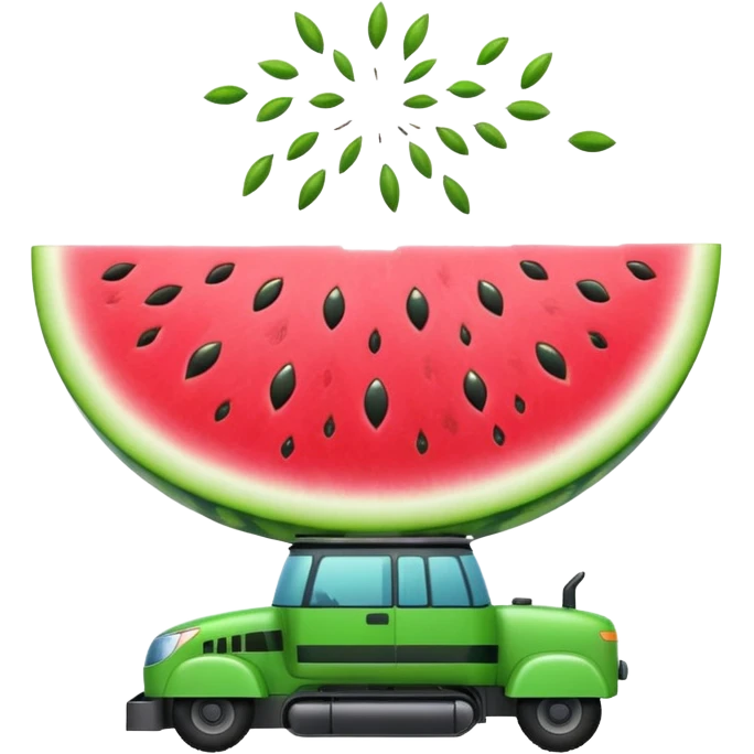 A UFO shaped like a slice of watermelon abducting seeds with a tiny tractor beam. Bright fun colors, cartoon style, minimal shadows, transparent background. emoji
