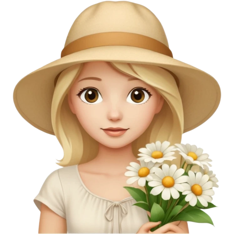 beautiful model blonde girl in a summer beige hat in a beautiful white top with a bouquet of white flowers emoji