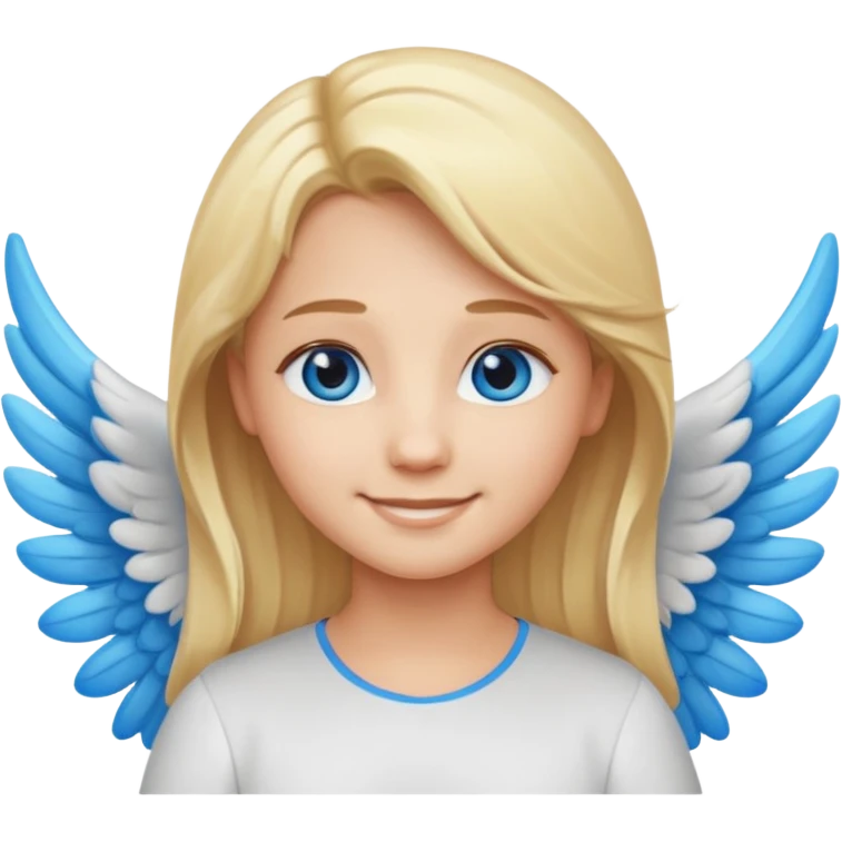 angel emoji blonde hair, blue eyes and smiling, larger wings with darker outline on them emoji