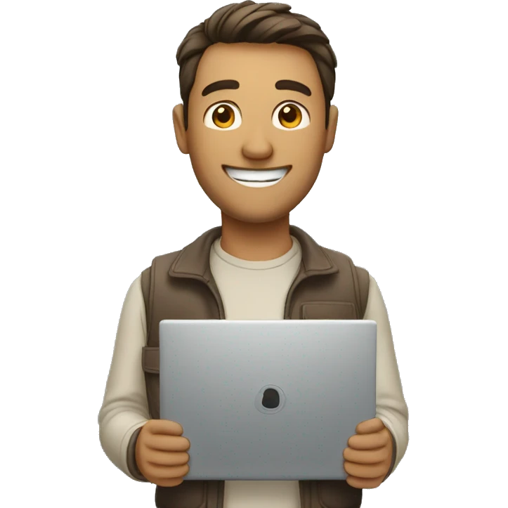 a man with a warm, friendly smile holding a laptop emoji