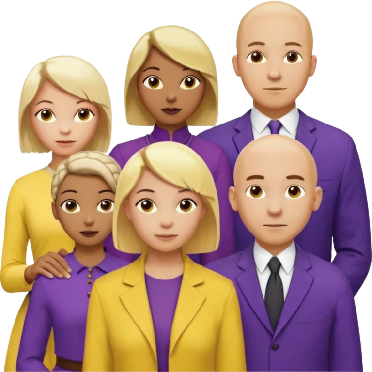 5 person team; 2 men and 3 women.  All dressed in yellow or purple.  1 caucasian woman with blonde mid length hair. 1 caucasian woman with blonde short length hair. 1 caucasian woman has ash blonde hair tied up. 1 man is African-american and bald, 1 man is caucasian and very little hair left.  
 emoji