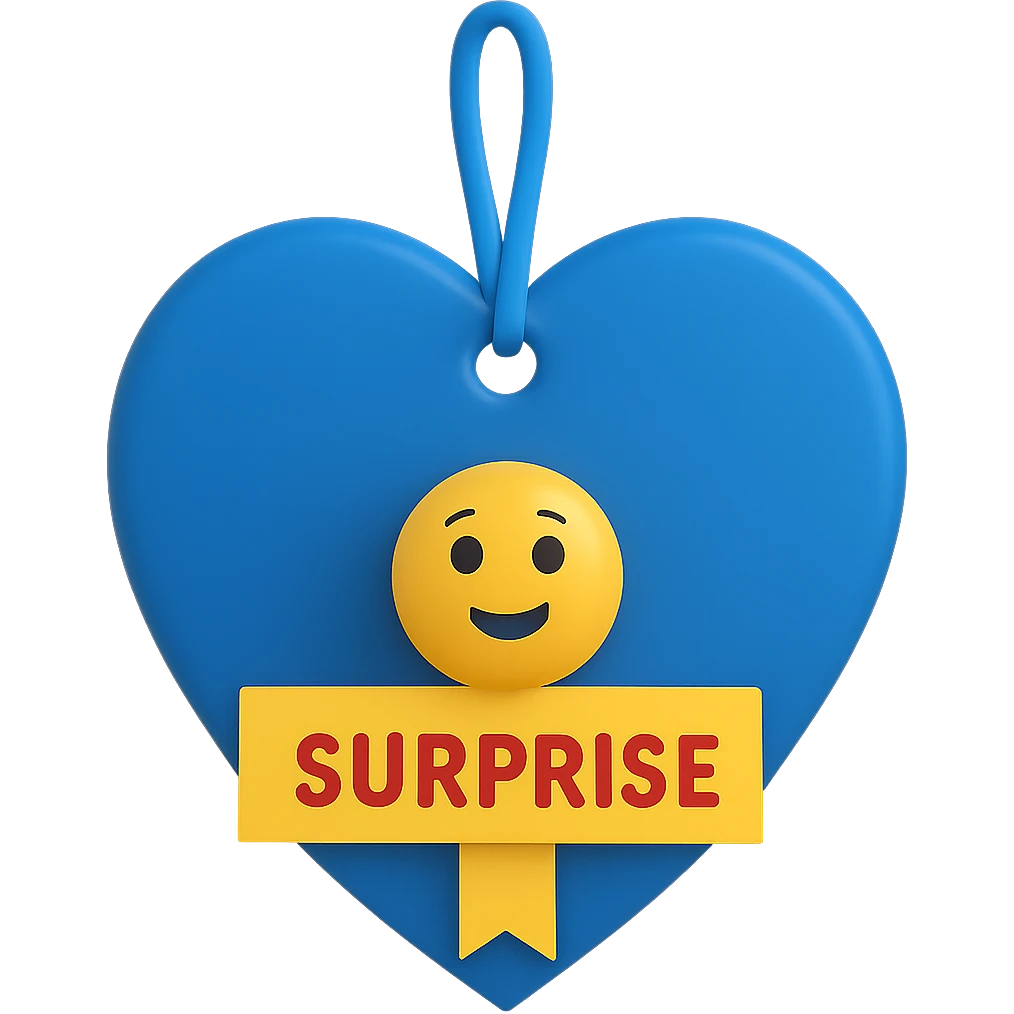 Change the heart-shaped gift tag to blue, keep the name 'Surprise' in 3D emoji style. emoji