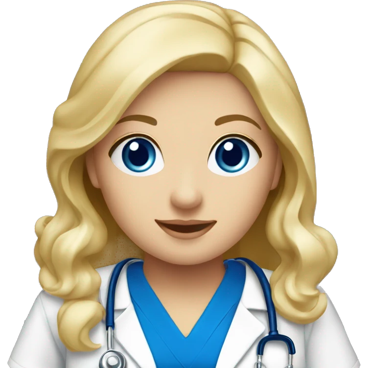 Blonde girl blue eyes nurse in royal blue scrubs with curtain bags emoji