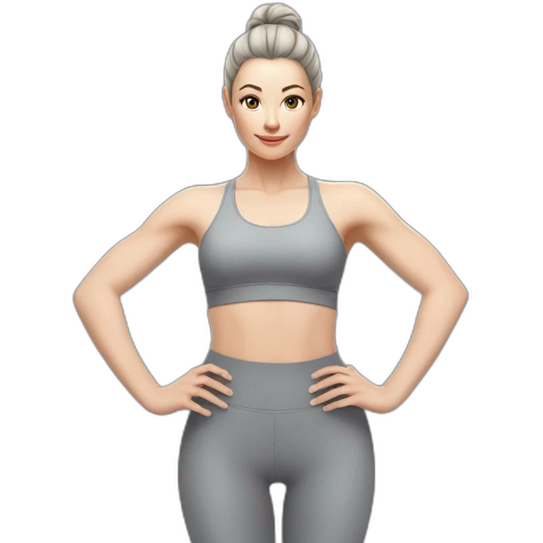 Pale skinned fit woman In a gray tight yoga suit and wristbands With black hair in a bun doing yoga emoji